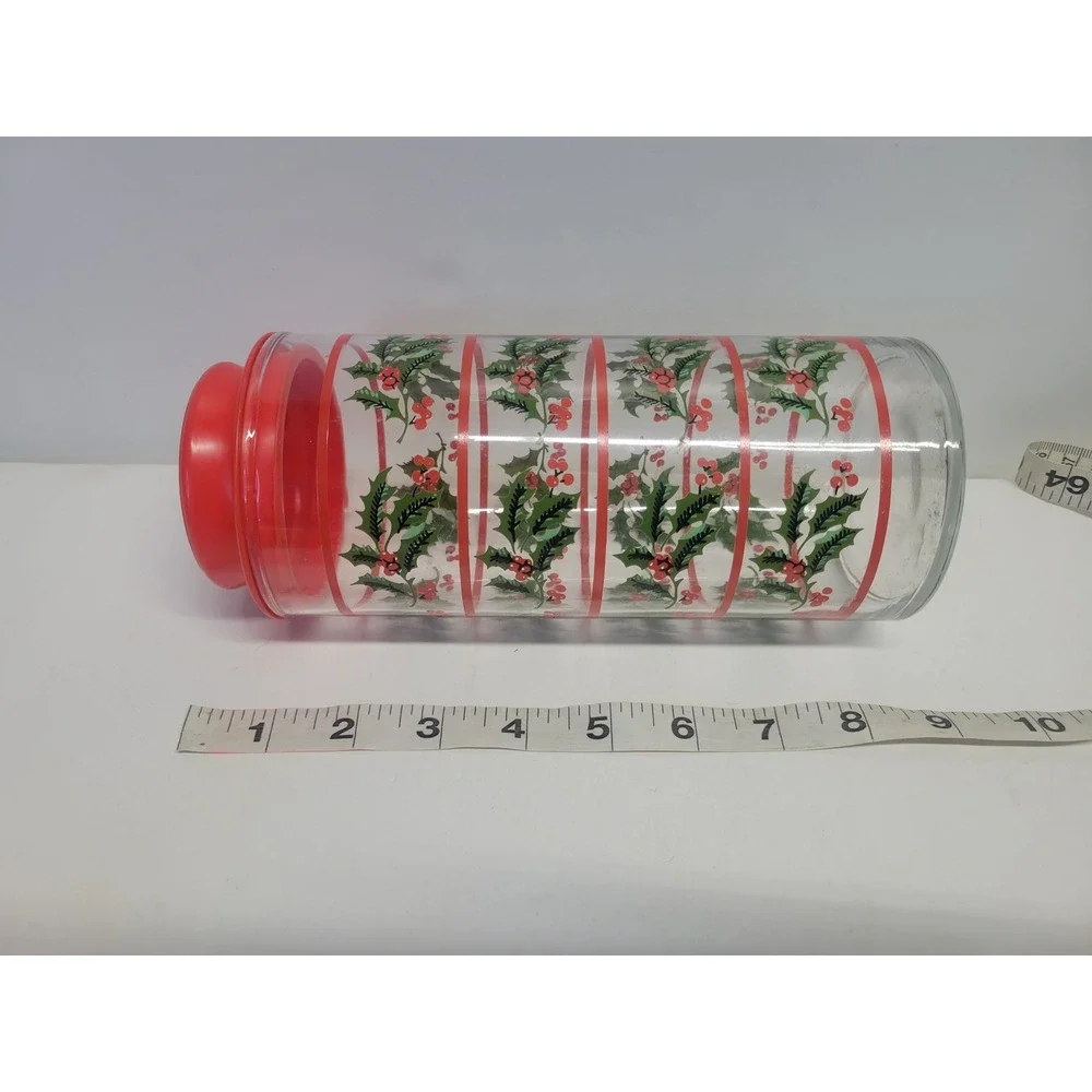 Vintage Christmas Holly‎ Canister Jar Red Lid Glass Container Holiday Decor 8.5